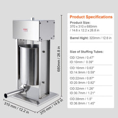 Electric Sausage Stuffer, 12 L / 25 LBS Vertical Meat Stuffer, 200W Motor, Stepless Speed Control and Foot Pedal, Made of Food-grade 304 Stainless Steel, 5 Stuffing Tubes for Home, Commercial
