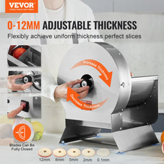 Electric Vegetable Slicer, 0-0.5"/0-12mm Thickness Adjustable Commercial Slicer Machine, Convertible to Manual, Stainless Steel Food Cutter Slicing Machine, Large Feed Port for Potato, Tomato