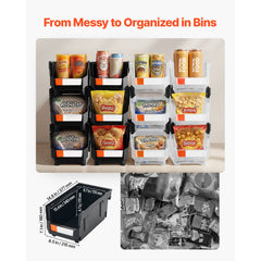 Plastic Stackable Storage Bins, 37.7 x 21.5 x 18 cm (12 Pack), Plastic Containers for Organizing & Storage Bins for Garage, Small Parts, Office Supplies, Other Accessories, Black & Transparent