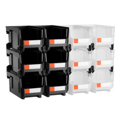 Plastic Stackable Storage Bins, 37.7 x 21.5 x 18 cm (12 Pack), Plastic Containers for Organizing & Storage Bins for Garage, Small Parts, Office Supplies, Other Accessories, Black & Transparent