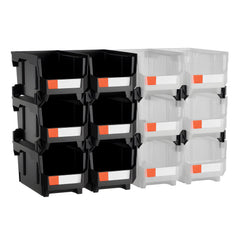 Plastic Stackable Storage Bins, 37.7 x 21.5 x 18 cm (12 Pack), Plastic Containers for Organizing & Storage Bins for Garage, Small Parts, Office Supplies, Other Accessories, Black & Transparent