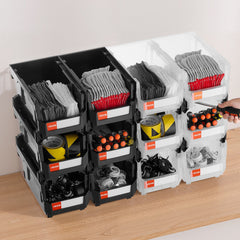 Plastic Stackable Storage Bins, 37.7 x 21.5 x 18 cm (12 Pack), Plastic Containers for Organizing & Storage Bins for Garage, Small Parts, Office Supplies, Other Accessories, Black & Transparent