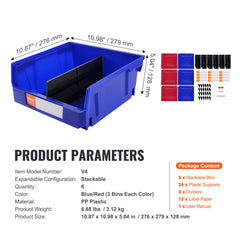 Plastic Storage Bin, (276 mm x 279 mm x 128 mm), Hanging Stackable Storage Organizer Bin, Blue/Red, 6-Pack, Heavy Duty Stacking Containers for Closet, Kitchen, Office, or Pantry Organization