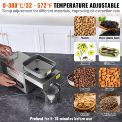Electric Oil Press Machine, 850W Stainless Steel Oil Extractor Machine, Adjustable Temperature, Hot Press Oil Expeller for Pressing Peanuts, Sesame Seeds, Rapeseed, Tea Seeds