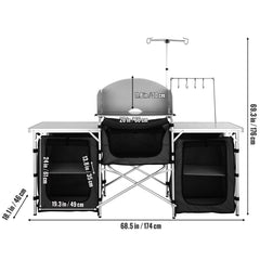 Camping Kitchen Table, Folding Outdoor Cooking Table with Storage Carrying Bag, Aluminum Cook Station 3 Cupboard & Detachable Windscreen, Quick Set-up for Picnics, BBQ, RV Traveling, Black
