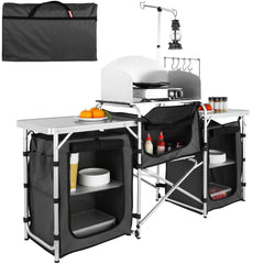 Camping Kitchen Table, Folding Outdoor Cooking Table with Storage Carrying Bag, Aluminum Cook Station 3 Cupboard & Detachable Windscreen, Quick Set-up for Picnics, BBQ, RV Traveling, Black