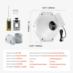 4" to 3.5" Radon Mitigation Fan System Kit Quiet 260 CFM Inline Duct Fan
