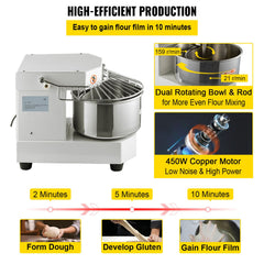 Commercial Dough Food Mixer, 8L Large Capacity Stainless Steel Mixer with Bowel, Hook, Shield, Reset Button, 450W Tilt-Head Kitchen Dough Mixers for Cake, Cream, Egg Fluid, Fillings