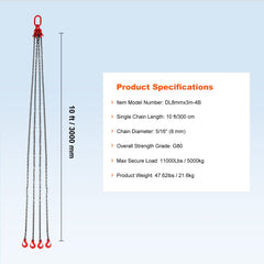 Chain Sling, 8 mm x 300 cm Lifting Chains with Hooks, G80 Engine Chain Hoist Lifts, 5 Ton Lifting Sling Chains for Engine Hoist, Engine Lift Chain with 4 Leg Grab Hooks & Adjusters Heavy Duty