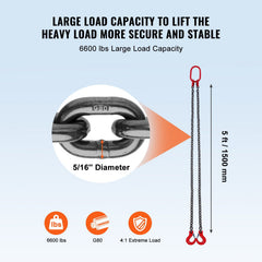 Chain Sling, 8 mm x 150 cm Lifting Chains with Hooks, G80 Engine Chain Hoist Lifts, 3 Ton Capacity Lifting Sling Chains for Engine Hoist, Engine Lift Chain with 2 Leg Grab Hooks, Heavy Duty