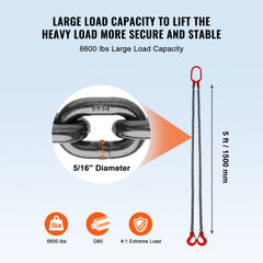 Chain Sling, 8 mm x 150 cm Lifting Chains with Hooks, G80 Engine Chain Hoist Lifts, 3 Ton Capacity Lifting Sling Chains for Engine Hoist, Engine Lift Chain with 2 Leg Grab Hooks, Heavy Duty