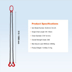 Chain Sling, 8 mm x 150 cm Lifting Chains with Hooks, G80 Engine Chain Hoist Lifts, 3 Ton Capacity Lifting Sling Chains for Engine Hoist, Engine Lift Chain with 2 Leg Grab Hooks, Heavy Duty