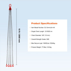 Chain Sling, 10 mm x 300 cm Lifting Chains with Hooks, G80 Engine Chain Hoist Lifts, 8 Ton/8344 kg Lifting Sling Chains for Engine Hoist, Engine Lift Chain with 4 Leg Grab Hooks & Adjusters
