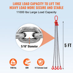 Chain Sling, 8 mm x 150 cm Lifting Chains with Hooks, G80 Engine Chain Hoist Lifts, 5 Ton Lifting Sling Chains for Engine Hoist, Engine Lift Chain with 4 Leg Grab Hooks & Adjusters Heavy Duty