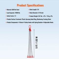 Chain Sling, 8 mm x 150 cm Lifting Chains with Hooks, G80 Engine Chain Hoist Lifts, 5 Ton Lifting Sling Chains for Engine Hoist, Engine Lift Chain with 4 Leg Grab Hooks & Adjusters Heavy Duty