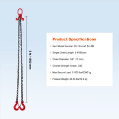 Chain Sling, 10 mm x 180 cm Lifting Chains with Hooks, G80 Engine Chain Hoist Lifts, 5 Ton Lifting Sling Chains for Engine Hoist, Engine Lift Chain with 2 Leg Grab Hooks and Adjusters Heavy Duty