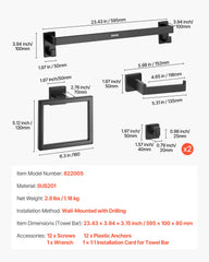 Matte Black Bathroom Hardware Set, 5 Pieces Stainless Steel Bathroom Accessories Set, 24-inch Towel Bar, Towel Rack, 2 Robe Towel Hooks, Toilet Paper Holder, for Bath Room, Wall Mounted