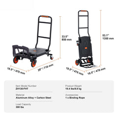 Aluminum Hand Truck, 2 in 1, 136 kg Max Load Capacity, Heavy Duty Industrial Convertible Folding Hand Truck and Dolly, Utility Cart Converts from Hand Truck to Platform Cart with Rubber Wheels
