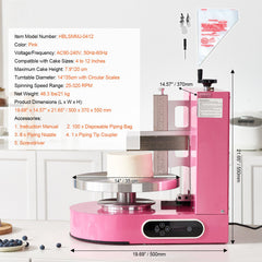 Cake Decorating Machine, Cake Cream Spreading Coating Smearing Machine, Low Noise Cake Frosting Machine, Turntable with Adjustable Scraper, for 4" to 12" Cake, 25-320RPM Rotating Speed, Pink