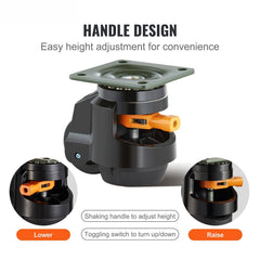 Leveling Casters, Set of 4, 1000 kg Total Load Capacity, 63.5 mm, Heavy Duty with Upgraded Handle Design, 360 Degree Swivel Caster Wheels, Adjustable Casters with Feet for Workbench, Machine