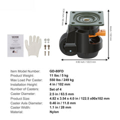 Leveling Casters, Set of 4, 1000 kg Total Load Capacity, 63.5 mm, Heavy Duty with Upgraded Handle Design, 360 Degree Swivel Caster Wheels, Adjustable Casters with Feet for Workbench, Machine