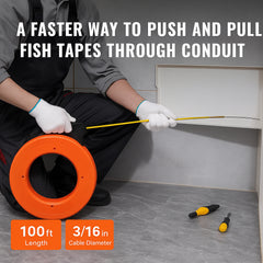 Fish Tape, 100 ft, 3/16-inch, Fiberglass Wire Puller with Optimized Housing and Handle, Easy-to-Use Cable Puller Tool, Flexible Wire Fishing Tools for Wall and Electrical Conduit, Non-Conductive
