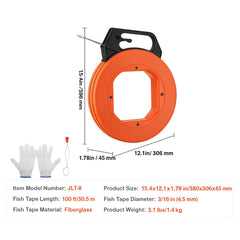 Fish Tape, 100 ft, 3/16-inch, Fiberglass Wire Puller with Optimized Housing and Handle, Easy-to-Use Cable Puller Tool, Flexible Wire Fishing Tools for Wall and Electrical Conduit, Non-Conductive