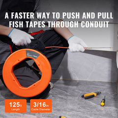 Fish Tape, 38.1 m Length, 4.5 mm, PET Wire Puller with Optimized Housing and Handle, Easy-to-Use Cable Puller Tool, Flexible Wire Fishing Tools for Walls and Electrical Conduit, Non-Conductive