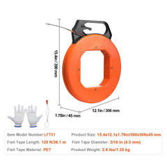 Fish Tape, 38.1 m Length, 4.5 mm, PET Wire Puller with Optimized Housing and Handle, Easy-to-Use Cable Puller Tool, Flexible Wire Fishing Tools for Walls and Electrical Conduit, Non-Conductive