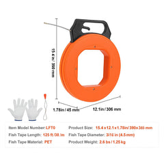 Fish Tape, 38.1 m Length, 4.5 mm, PET Wire Puller with Optimized Housing and Handle, Easy-to-Use Cable Puller Tool, Flexible Wire Fishing Tools for Walls and Electrical Conduit, Non-Conductive
