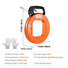 Fish Tape, 36.58 m, 3 mm, Steel Wire Puller with Optimized Housing and Handle, Easy-to-Use Cable Puller Tool, Flexible Wire Fishing Tools for Walls and Electrical Conduit, Non-Conductive