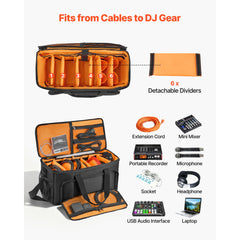 Rolling DJ Cable Bag, 1680D, Padded File Gig Bag with Wheels, 6 Detachable Divider, Travel Storage Music Gear Case, for Professional DJ Gear, Musical Instrument and Accessories, Sound Equipment