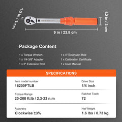 Torque Wrench Adjustable Torque Wrench 1/4" Drive 20-200in.lb/2.3-23Nm