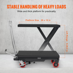 Hydraulic Lift Table Cart, 330lbs Capacity 28.5" Lifting Height, Manual Single Scissor Lift Table with 4 Wheels and Non-slip Pad, Hydraulic Scissor Cart for Material Handling, Black