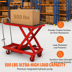 Hydraulic Lift Table Cart, 330lbs Capacity 28.5" Lifting Height, Manual Single Scissor Lift Table with 4 Wheels and Non-slip Pad, Hydraulic Scissor Cart for Material Handling, Red