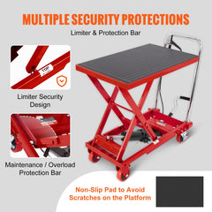 Hydraulic Lift Table Cart, 330lbs Capacity 28.5" Lifting Height, Manual Single Scissor Lift Table with 4 Wheels and Non-slip Pad, Hydraulic Scissor Cart for Material Handling, Red