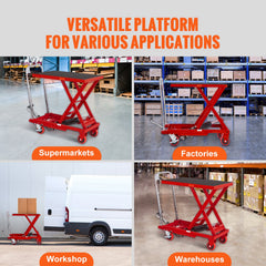 Hydraulic Lift Table Cart, 330lbs Capacity 28.5" Lifting Height, Manual Single Scissor Lift Table with 4 Wheels and Non-slip Pad, Hydraulic Scissor Cart for Material Handling, Red