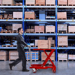 Hydraulic Lift Table Cart, 330lbs Capacity 28.5" Lifting Height, Manual Single Scissor Lift Table with 4 Wheels and Non-slip Pad, Hydraulic Scissor Cart for Material Handling, Red