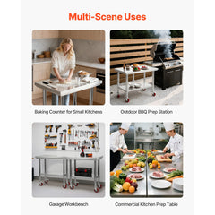 Stainless Steel Table, 60 x 90 cm Food Prep Worktable with Wheels, Kitchen Prep Table with Adjustable Undershelf Workstations for Commercial Kitchen, Restaurant, Hotel and Garage, Outdoor
