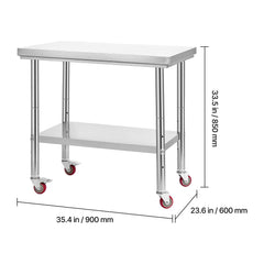 Stainless Steel Table, 60 x 90 cm Food Prep Worktable with Wheels, Kitchen Prep Table with Adjustable Undershelf Workstations for Commercial Kitchen, Restaurant, Hotel and Garage, Outdoor