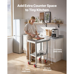Stainless Steel Table, 61 x 45 cm Food Prep Worktable with Wheels, Kitchen Prep Table with Adjustable Undershelf Workstations for Commercial Kitchen, Restaurant, Hotel and Garage, Outdoor