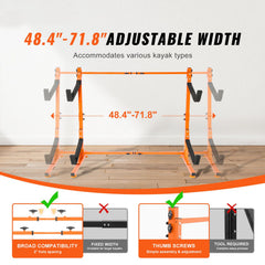 Freestanding Kayak Storage Rack, Kayak Stand for 2 Kayak Canoe Paddleboard, Heavy-duty Steel Kayak Hanger Holder with Padded Arms and Adjustable Width, 79.5kg Max Load, for Indoor Outdoor Garage