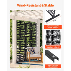 Metal Privacy Screen, 120 x 193cm, Outdoor Privacy Screens 3-Panel, Freestanding Outdoor Divider with Stand, Decorative Garden Steel Privacy Fence for Balcony Patio Indoor Room Hot Tub Black