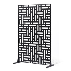 Metal Privacy Screen, 120 x 193cm, Outdoor Privacy Screens 3-Panel, Freestanding Outdoor Divider with Stand, Decorative Garden Steel Privacy Fence for Balcony Patio Indoor Room Hot Tub Black