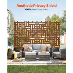 Metal Privacy Screen, 120 x 193cm, Outdoor Privacy Screens 3-Panel, Freestanding Outdoor Divider with Stand, Decorative Garden Steel Privacy Fence for Balcony Patio Indoor Room Hot Tub Brown