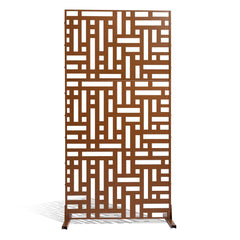 Metal Privacy Screen, 120 x 193cm, Outdoor Privacy Screens 3-Panel, Freestanding Outdoor Divider with Stand, Decorative Garden Steel Privacy Fence for Balcony Patio Indoor Room Hot Tub Brown