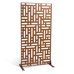 Metal Privacy Screen, 120 x 193cm, Outdoor Privacy Screens 3-Panel, Freestanding Outdoor Divider with Stand, Decorative Garden Steel Privacy Fence for Balcony Patio Indoor Room Hot Tub Brown