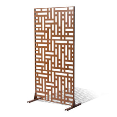 Metal Privacy Screen, 120 x 193cm, Outdoor Privacy Screens 3-Panel, Freestanding Outdoor Divider with Stand, Decorative Garden Steel Privacy Fence for Balcony Patio Indoor Room Hot Tub Brown