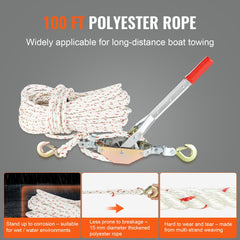 Rope Puller, 3/4 Ton Pulling Capacity, with 30.48 m of 15 mm dia. Rope, 2 Hook, Come Along Winch, Heavy Duty Ratchet Power Puller Tool for Moving Boats, Securing Items, Transporting Logs