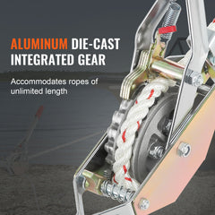 Rope Puller, 3/4 Ton Pulling Capacity, with 30.48 m of 15 mm dia. Rope, 2 Hook, Come Along Winch, Heavy Duty Ratchet Power Puller Tool for Moving Boats, Securing Items, Transporting Logs